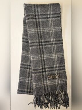Amicale 100% Pure Cashmere Scarf Grey Plaid Gray Tartan w/ Fringe